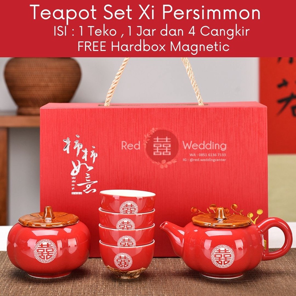 Persimmon Teapot Wedding Set 1 Teko 4 Cangkir dan Jar Keramik dengan Ukir Shuangxi untuk Sangjit Teapai FREE HARDBOX MAGNETIC