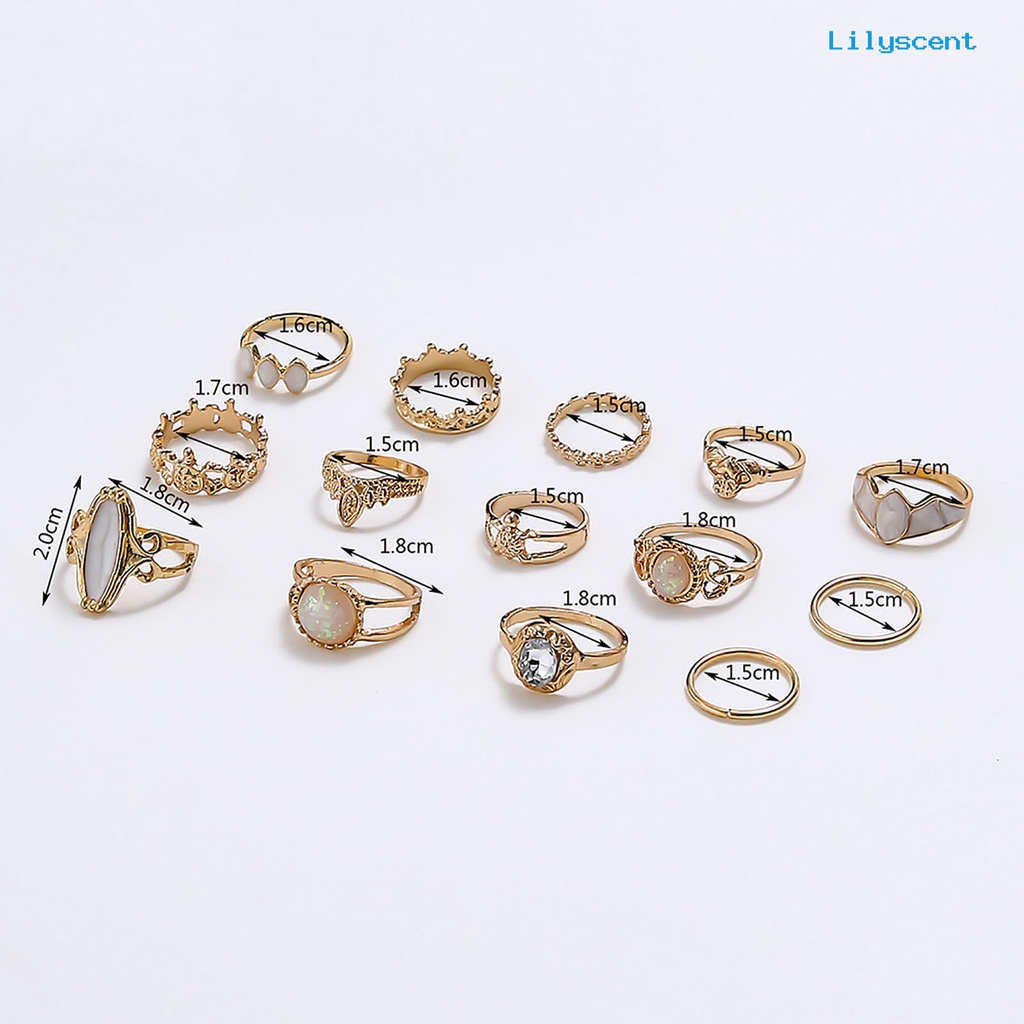 14pcs Cincin Knuckle Model Hollow Stackable Bahan Alloy Aksen Permata Imitasi Gaya Etnik