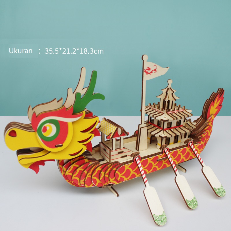 Puzzle 3D DIY bahan kayu model Dragon Boat / Kapal Naga mainan puzzle edukasi anak (kado &amp; pajangan)