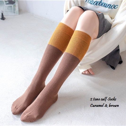 Kaos Kaki Cewek Panjang Selutut  Kaos Kaki Gaya Jepang korea  Kaos Kaki Muslimah Calf Socks Polos-Caramelbrown