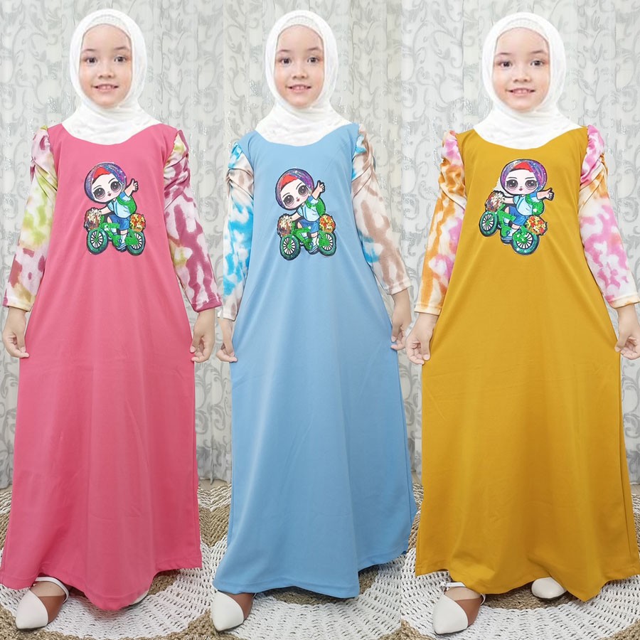 DRESS ANAK LENGAN KERUT TIE DYE GAMIS GAMBAR ANAK SEPEDAAN GL FASHION