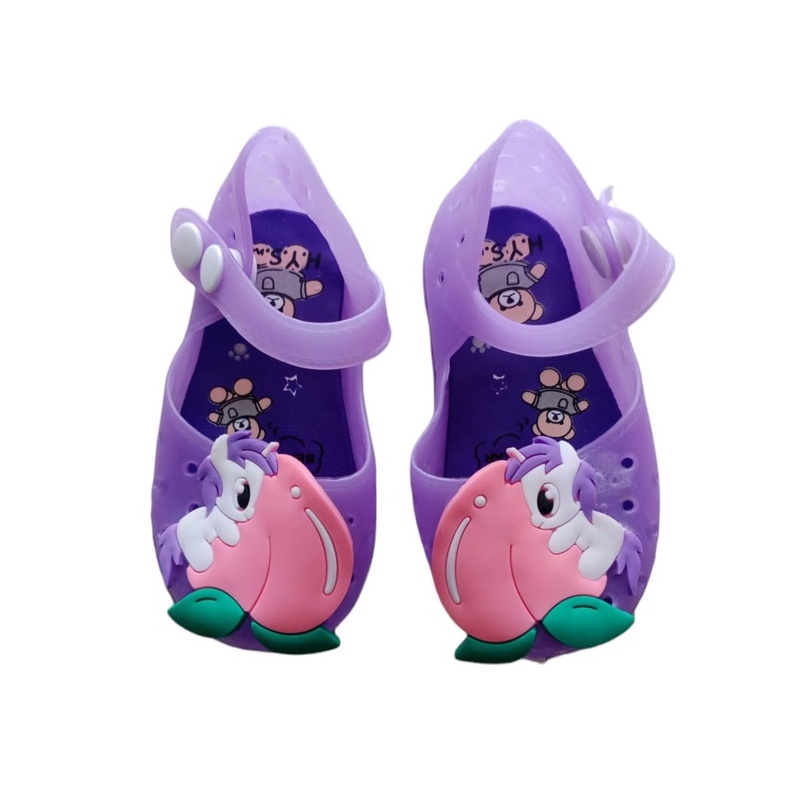 Sepatu Anak Perempuan Jelly LED Usia 6 Sampai 12 Bulan UNGU Sepatu Anak Cewek Motif Kuda Pony Lucu Sepatu Karet Elastis Bisa Menyala Size 18-23