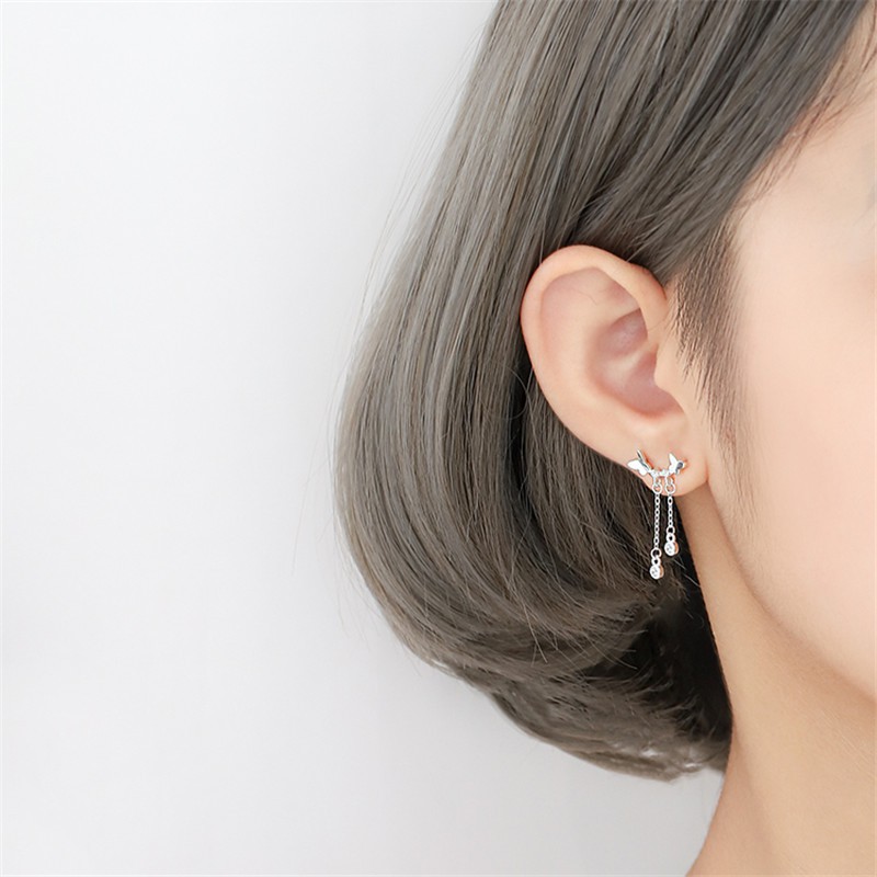 Fashion Aksesoris S925 Anting-Anting Perak Murni Kecil Segar Ganda Kupu-kupu Desain Kuku Telinga