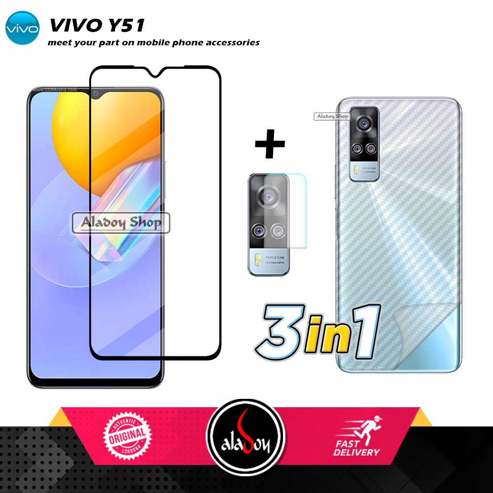 PAKET 3 IN 1 Tempered Glass Layar VIVO Y51 Free Tempered Glass Camera dan Skin Carbon