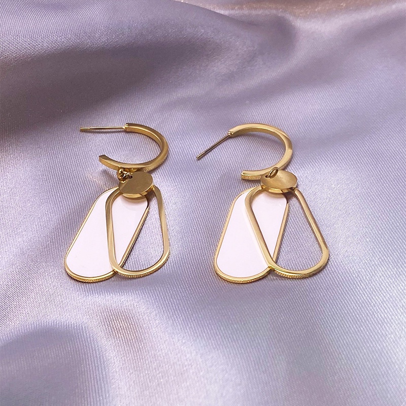 Anting gantung liontin oval ganda putih titanium anti karat korea fashion
