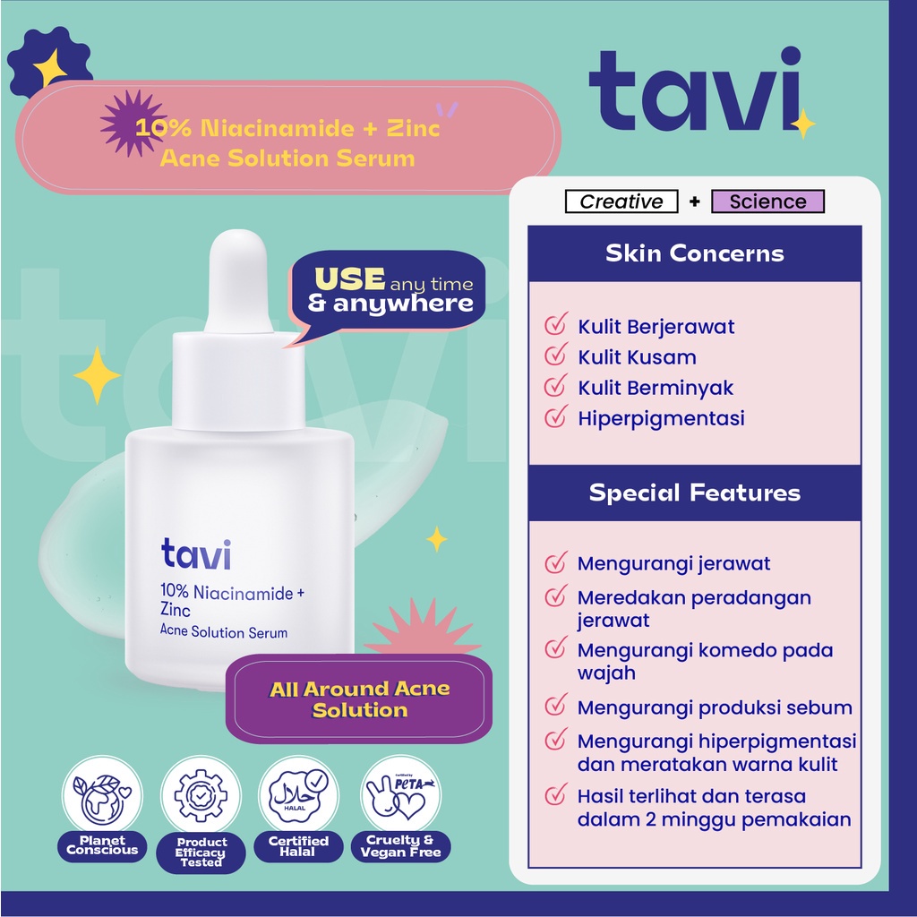 TAVI 10% Niacinamide + Zinc Acne Solution Serum 30 ml - SERUM UNTUK KULIT BERJERAWAT BPOM