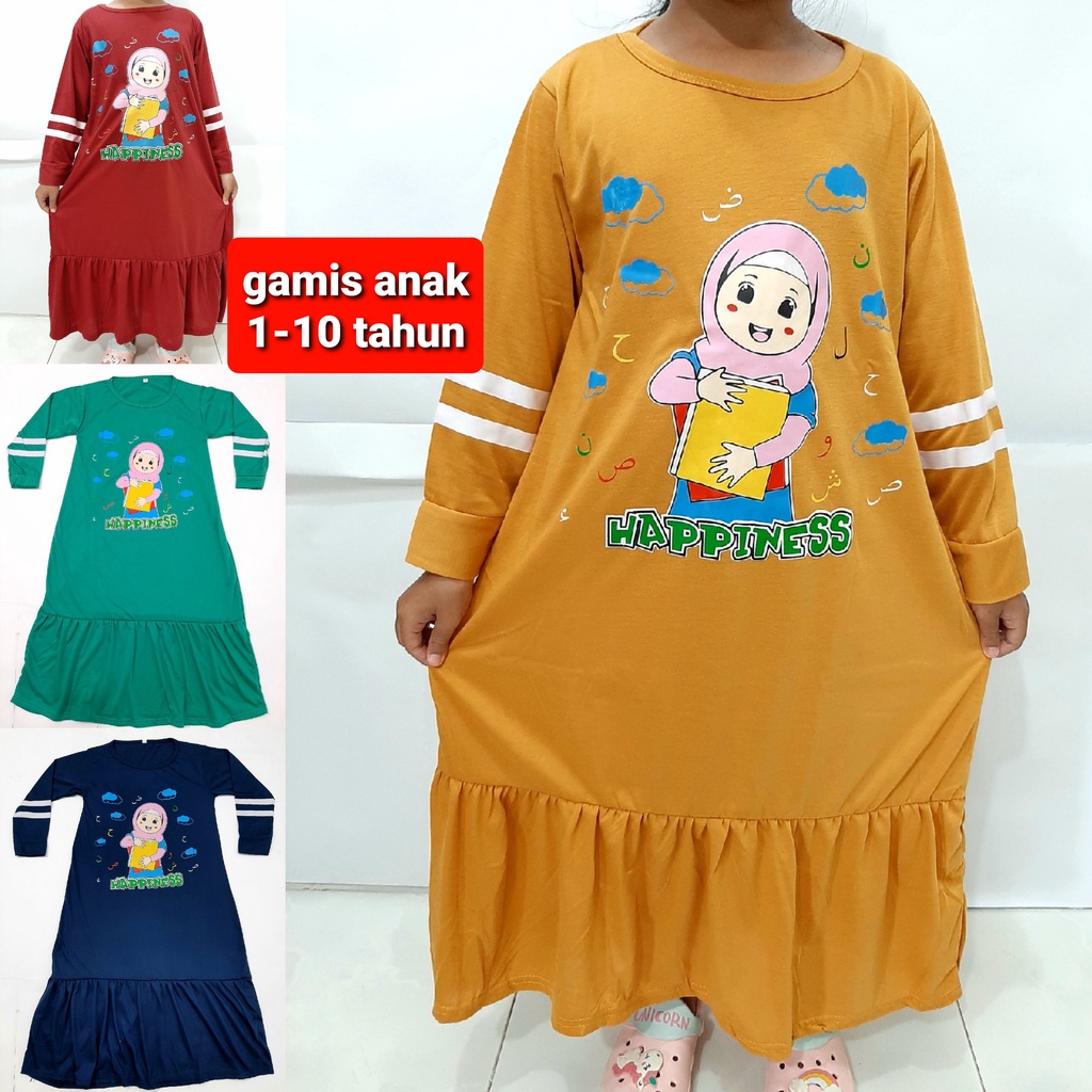 gamis anak muslim perempuan 1-11 tahun kaos lengan panjang cewek salur kerut murah