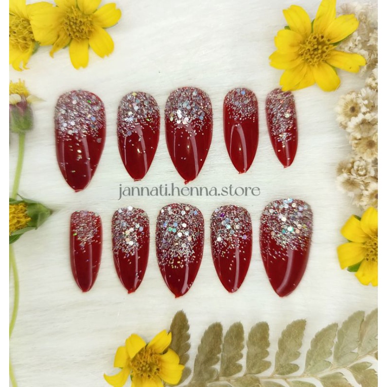 KUKU PALSU MAROON GLITTER ISI 24 PCS TIDAK TERMASUK BOX KUKU