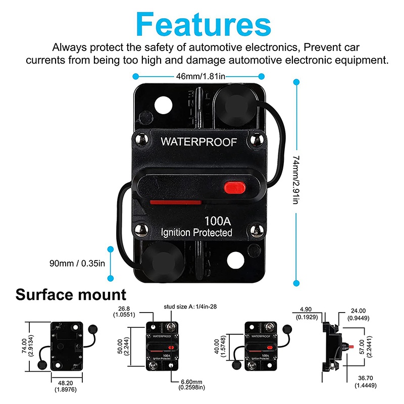 Waterproof Circuit Breaker,With Manual Reset,12V-48V DC,100A,for Car Marine Trolling Motors Boat Power Protect