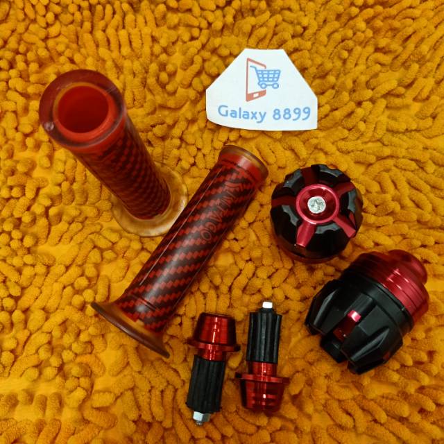 Handgrip karbon kitaco + Jalu As roda depan + Jalu stang merah universal