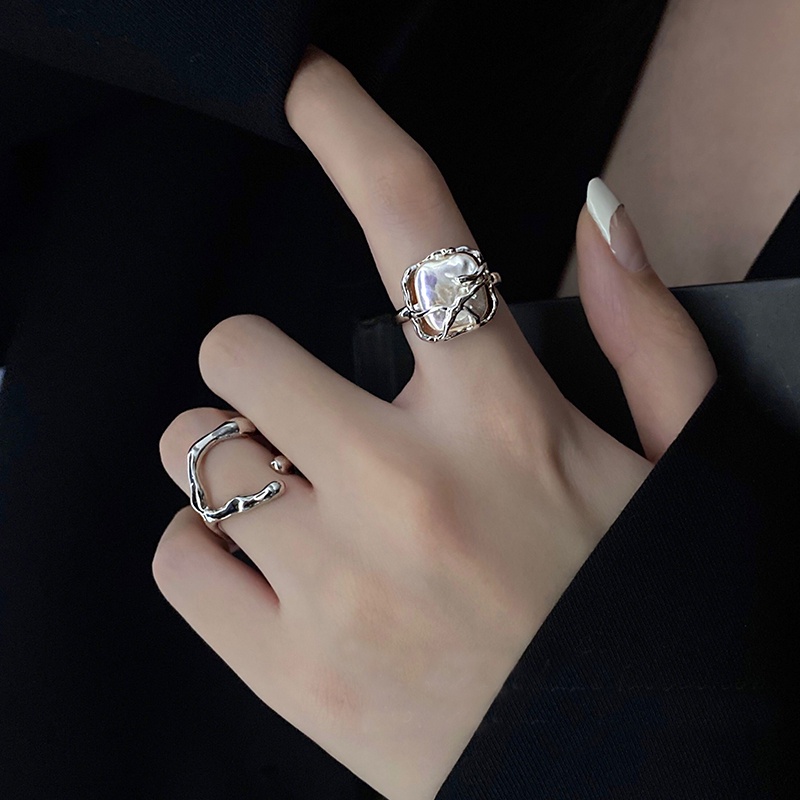 Set Cincin Model Terbuka Desain Geometris Aksen Mutiara Warna Silver Untuk Wanita