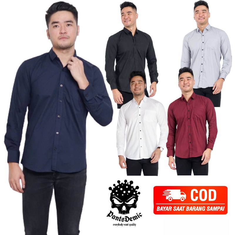 Jual Baju Kemeja Pria Kasual Polos Hitam Putih Lengan Panjang /hem baju