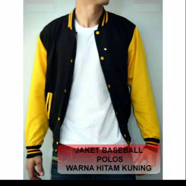 Jaket baseball kancing cowok cewek warna badan hitam lengan kuning terang