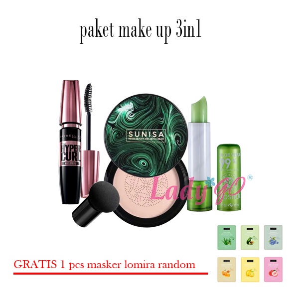 PAKET MAKE UP 3IN1-bedak sunisa-maskara-lipblam aloevera plus masker lomira (random)