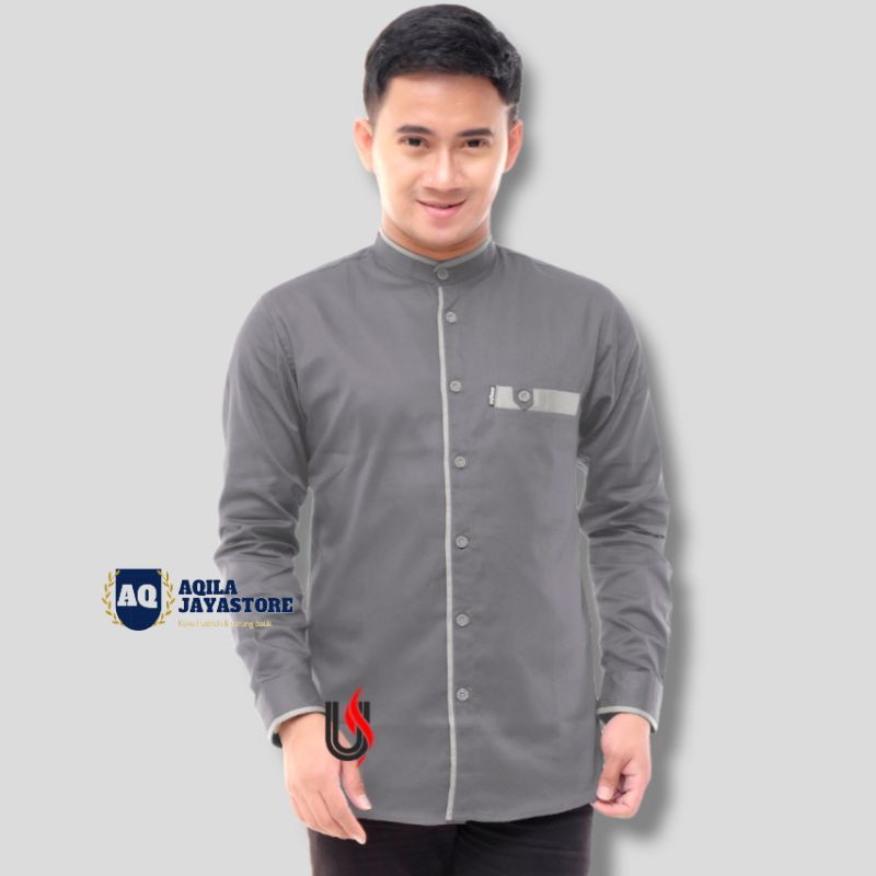 Baju Koko Lengan Panjang Pria Dewasa Motif Kemko List Abu | Koko Pria Dewasa Lengan Panjang Polos Pu