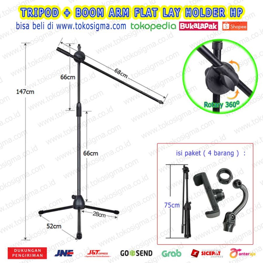 TRIPOD VIDEO STAND BOOM ARM FLAT LAY HANDPHONE HP OVERHEAD ROTARY 1.8m