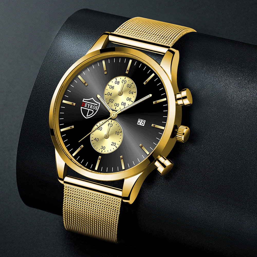 Jam Tangan Pria Strap Pasir Rantai Anti Air Original DEYROS Business Casual Men Watch Quartz STAINLESS STEEL Water Resistance 3 ATM Dengan Tanggal Arloji Cowok Keren Milenial Glow in the dark