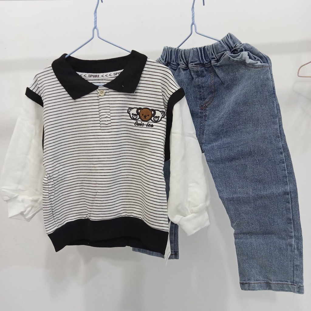 [COD] Setelan anak impor premium 0-5 Tahun baju baby impor korea/ Setelan 3 Bear Motif Strip Grey/AnanakStore