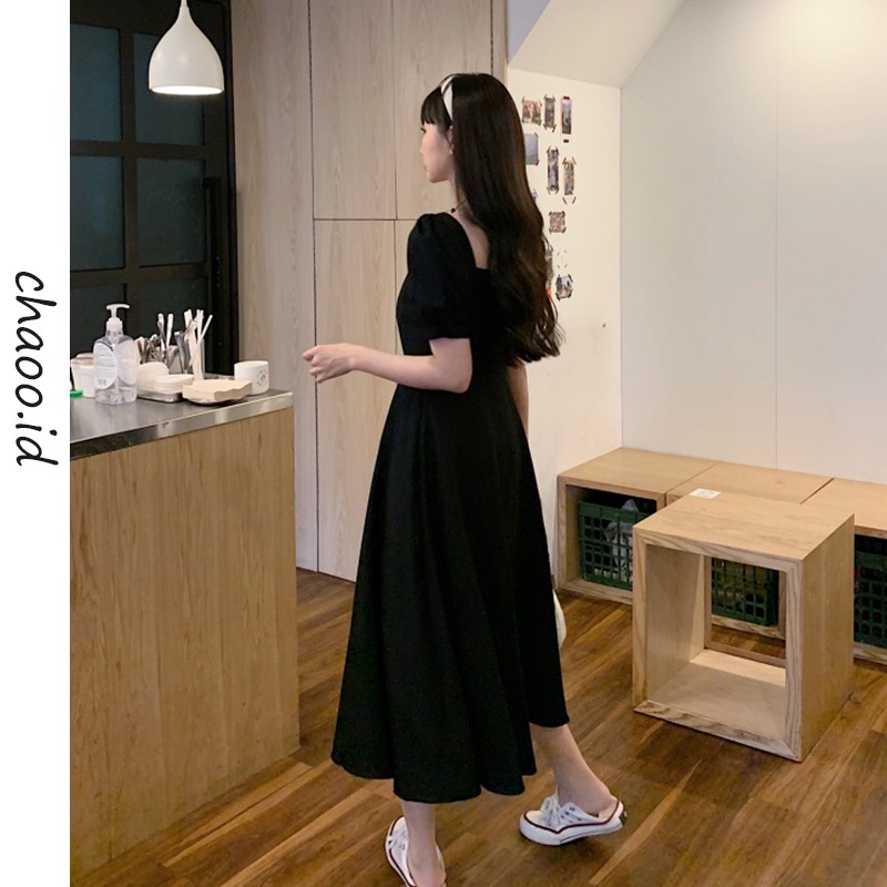 [chaoo.id ]korean style dres gaundress wanita long dress  panjang hitam kasual  wanita  retro gamis hitam