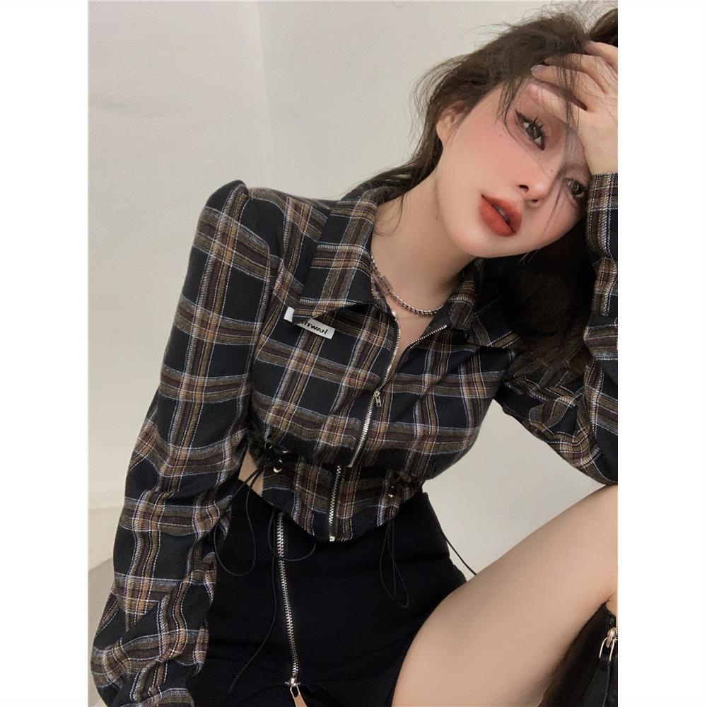 kaos wanita korean style short POLO collar plaid long-sleeved top tunic T-shirt women