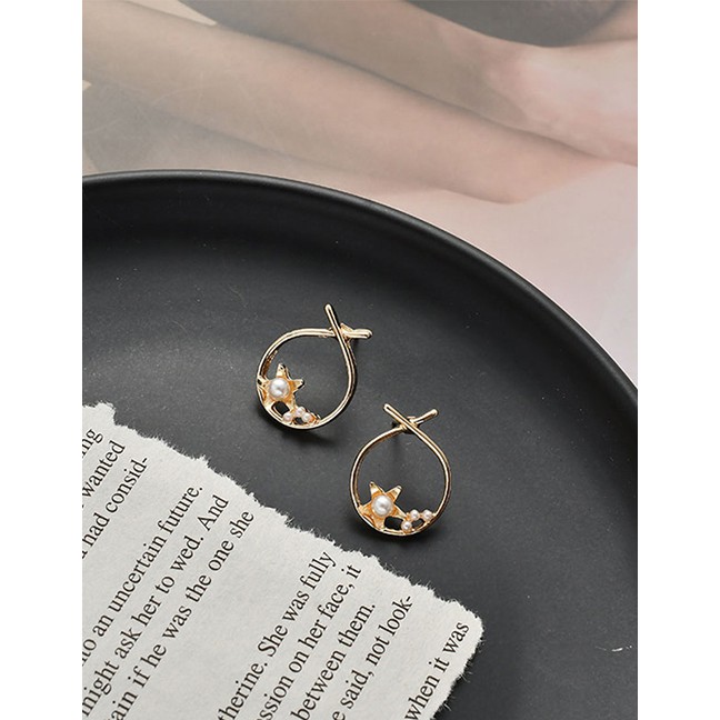 LRC Anting Tusuk Fashion Golden Pearl Star Geometric Cross Earrings D77323