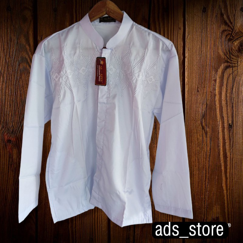 AL-AZIZ Baju Koko Lengan Panjang Putih Polos Bordir M L XL
