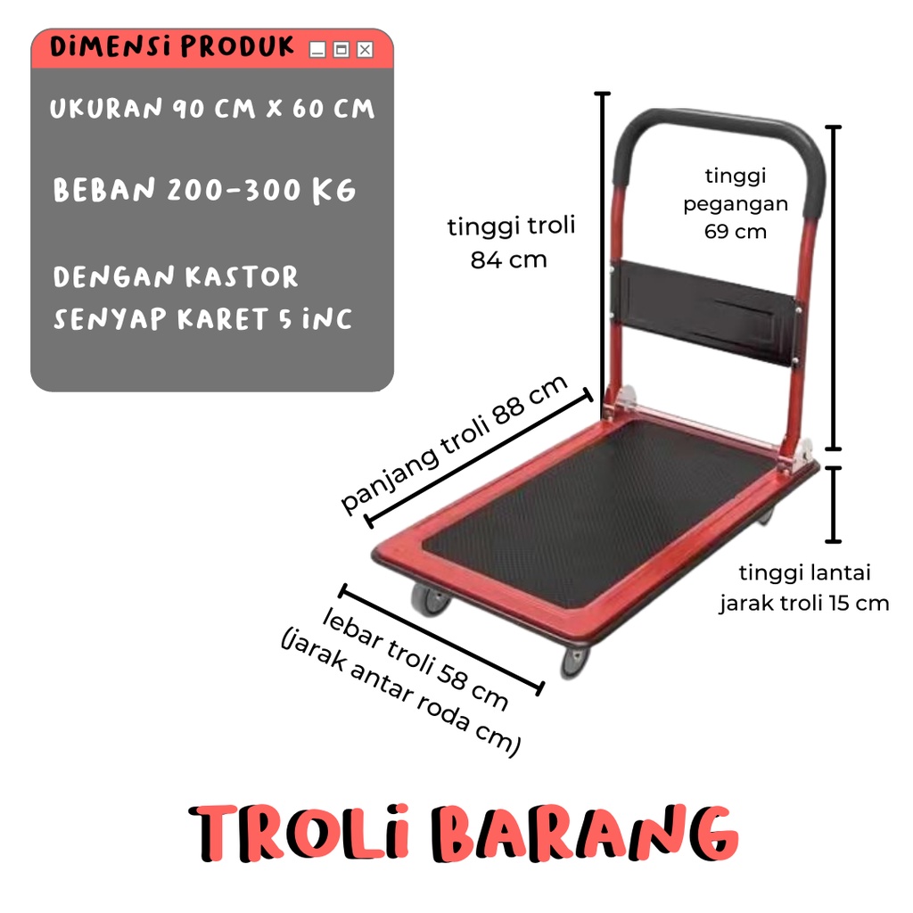 handtruck besi 300 kg/troli angkut 60x90 Merah