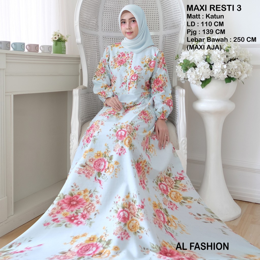 Gamis Resti Maxi Dress Wanita Motif Bunga Gamis Fashion Wanita Muslim Lebaran Terbaru 2022