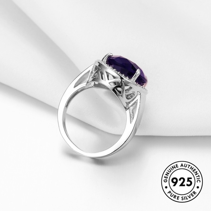 Cincin Silver S925 Hias Batu Permata Amethyst Besar Elegan Untuk Wanita