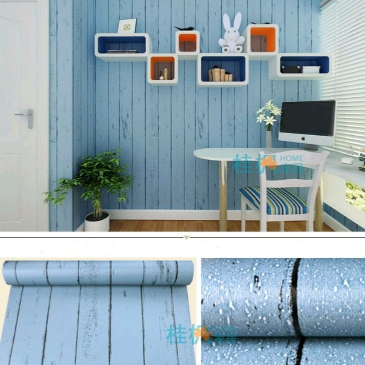 Wallpaper Sticker Motif Kayu Biru Garis Hitam 5257-1 / Wallpaper New 2020 / Ukuran 9mx45cm