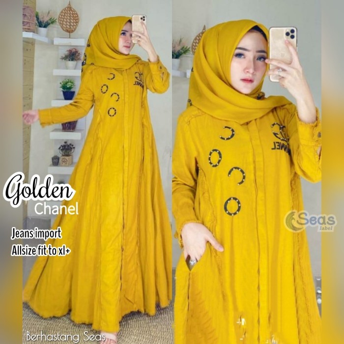 Baju Wanita Terbaru 2020 Maxy Dress gamis Golden Channel Bahan Jeans