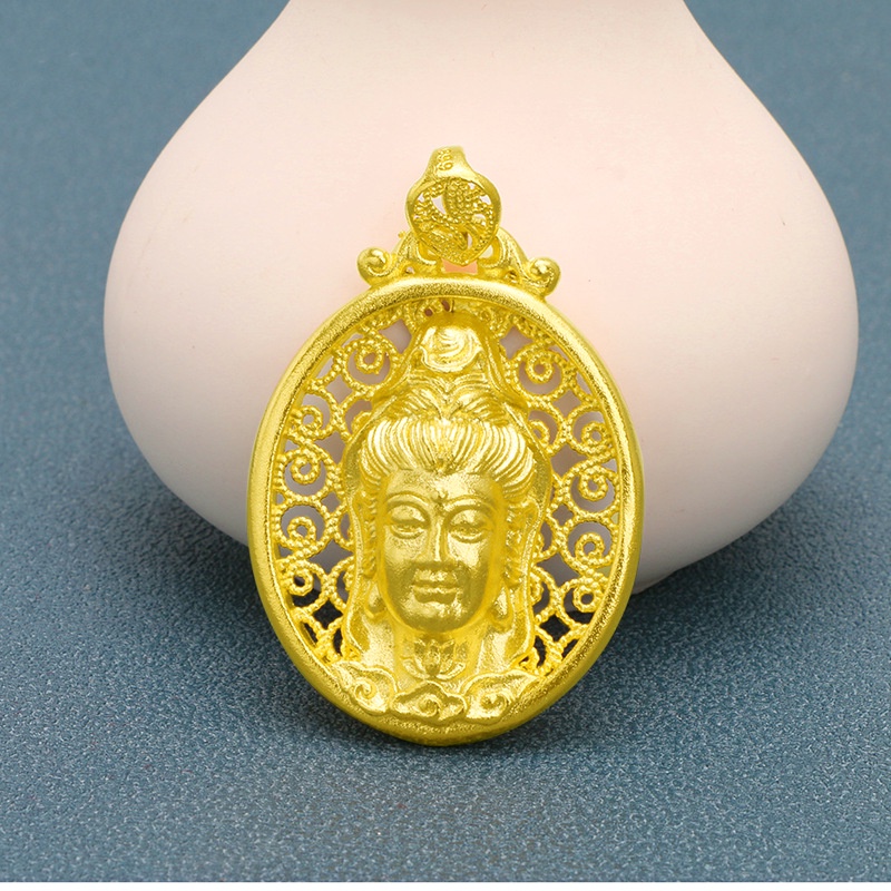 Kalung Liontin 3D Lapis Emas Emas Asli Kadar 375 Desain Buddha Avalokitesvara Gaya Klasik