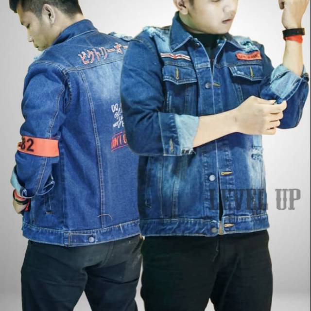 Jaket jeans pria sobek bordir emblem