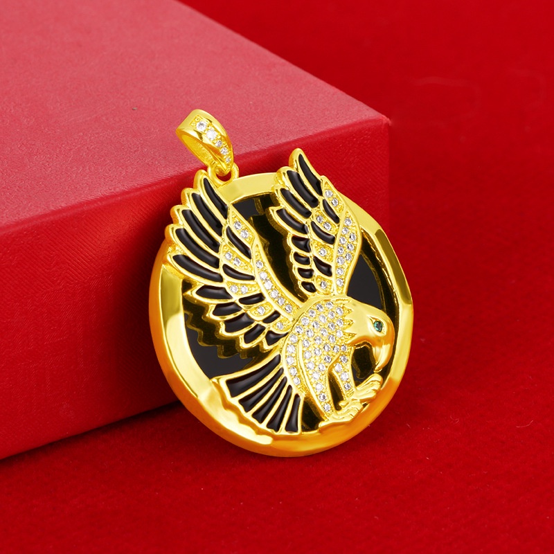 Liontin Lapis Emas Asli Kadar 375 Desain Elang Hias Berlian Gaya Retro Untuk Pria Dan Wanita