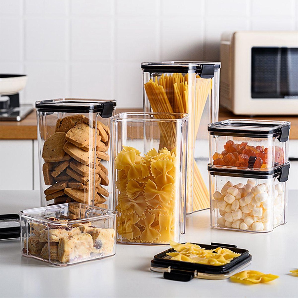 [Elegan] Food Canister Kitchen Grain Kedap Udara Stackable Dengan Tutup Plastik Organizer Kaleng Tetap Segar Toples