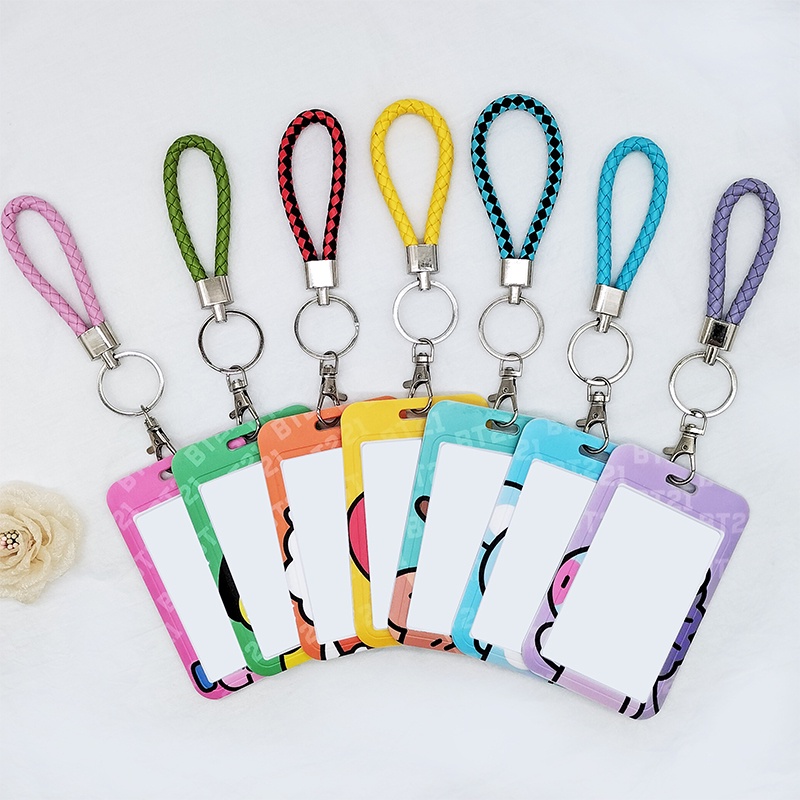 Baru KPOP BTS BT21 Kartun Lucu ID Card Holder Card Case Dengan Jari Gantungan Kunci Tali Lanyard