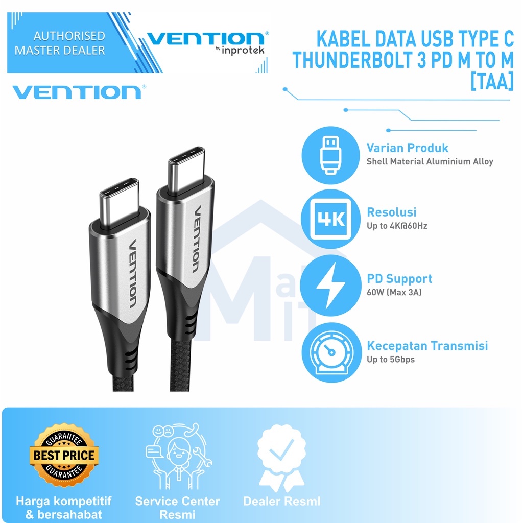 ( Bisa Cod ) Vention Kabel Data USB-C Thunderbolt 3 to USB-C SAMSUNG XIAOMI LG TAA