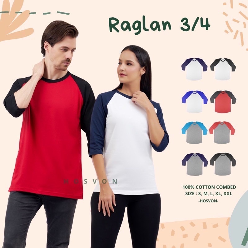 [LANGSUNG DARI PABRIK] Hosvon Kaos Polos Raglan Lengan 3/4 COTTON COMBED 20s Size S-XXL ( UNISEX )