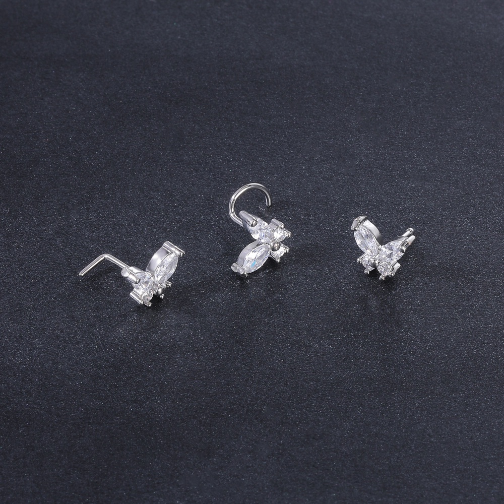 1pc Cincin Tindik Hidung Bentuk L Desain Bunga Butterfly Bahan Stainless Steel 20g Hias Kristal Zircon