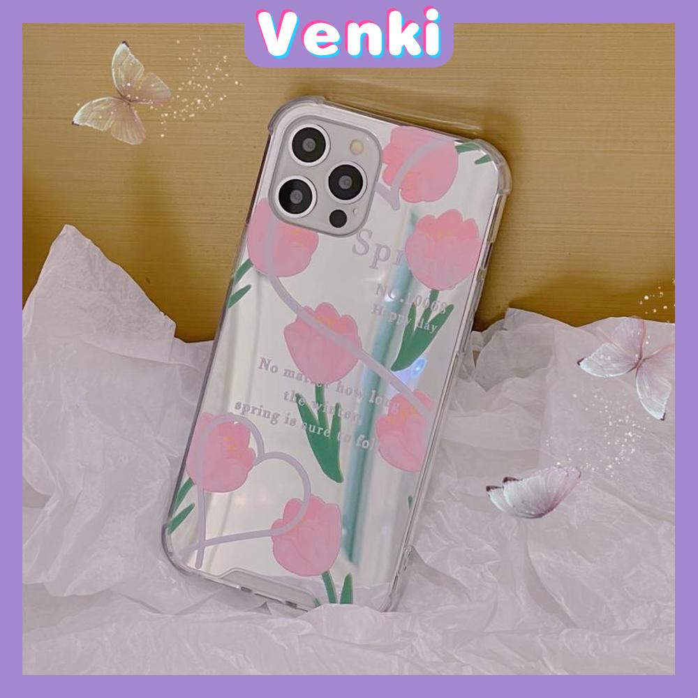 iPhone Case Acrylic Reflective Mirror Airbag Shockproof Protection Camera Pink Tulip Flower Compatible with iPhone 11 iPhone 13 Pro Max iPhone 12 Pro Max iPhone 7 Plus iPhone xr