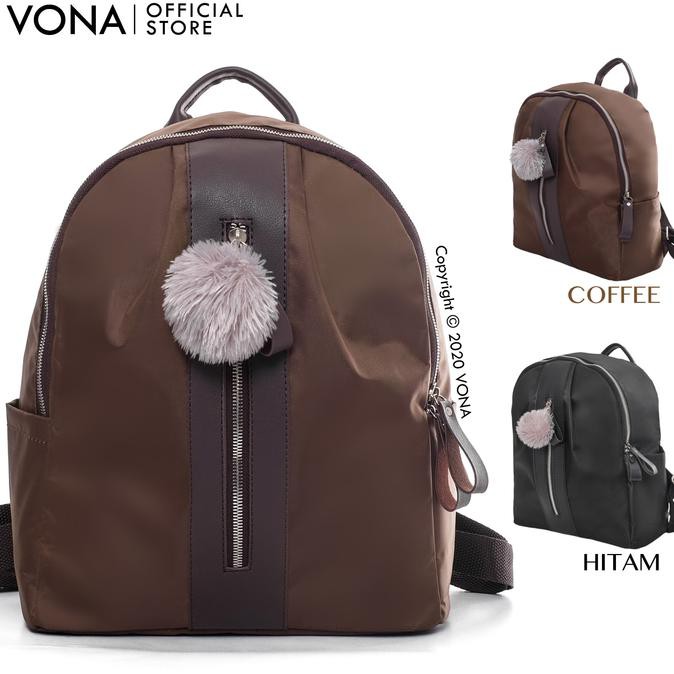 VONA Tas Ransel Wanita Korea / Backpack Wanita dengan Pompom - JILL - Cokelat