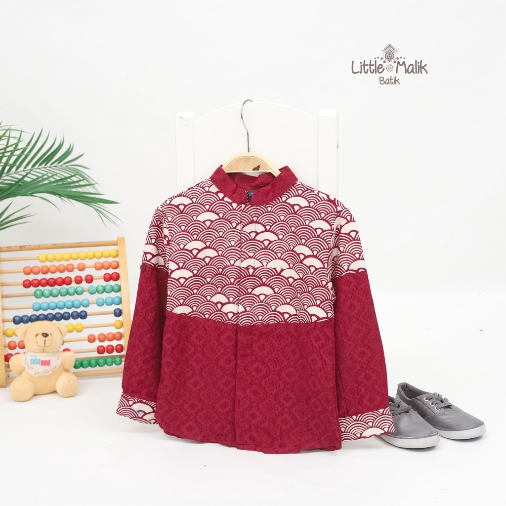 Kemeja Batik Ayah &amp; Anak Lengan Panjang By Little Malik Batik, Kombinasi Garutan Dobby, Merah