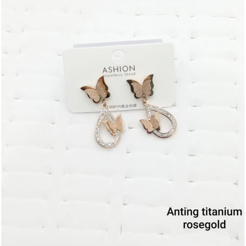 Anting Tusuk Titanium Motif Kupu-Kupu Anting Kualitas Import Warna RoseGold