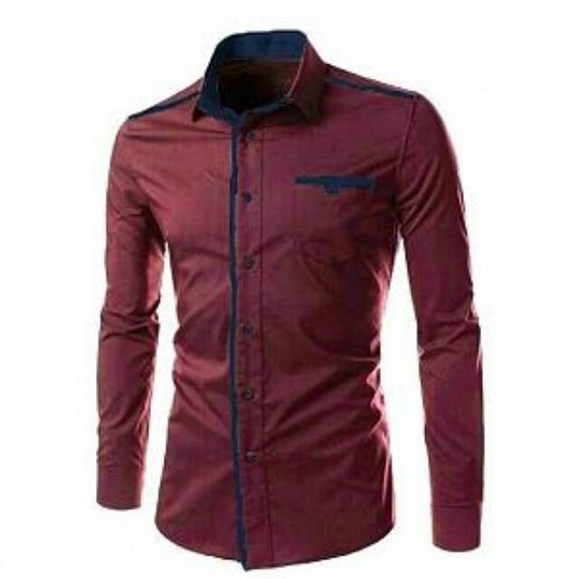 Baju kemeja cowok kasual Kemeja merah maroon formal pria Kemeja polos pria lengan panjang