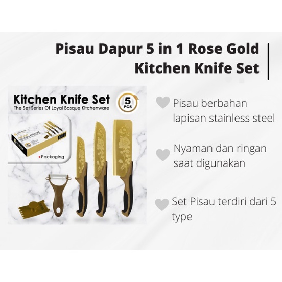 Pisau Set 5-in-1 Gold Motif Bunga Stainless Steel Tajam - missbejogrosir