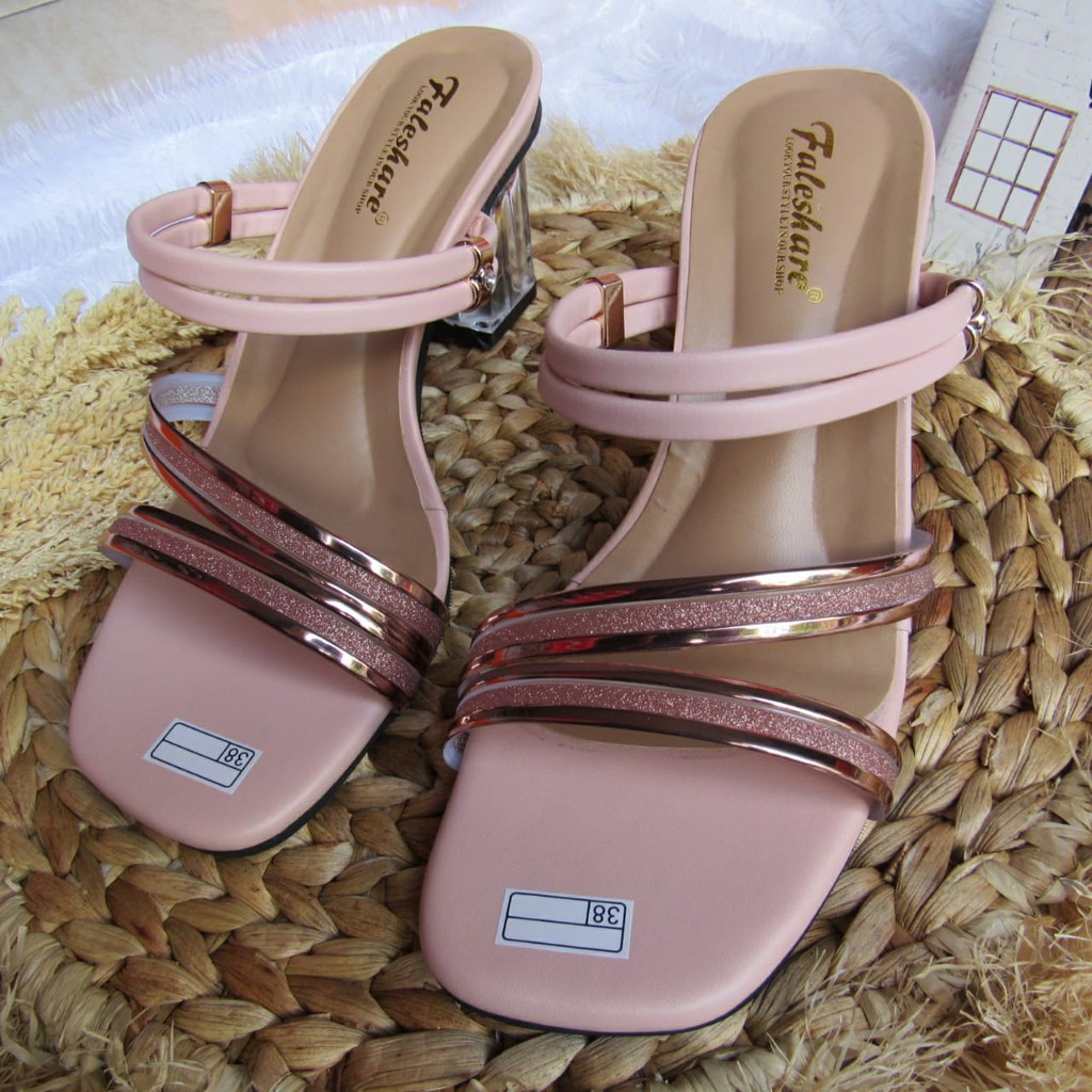 Sandal wanita hak kaca slop tali fashionable