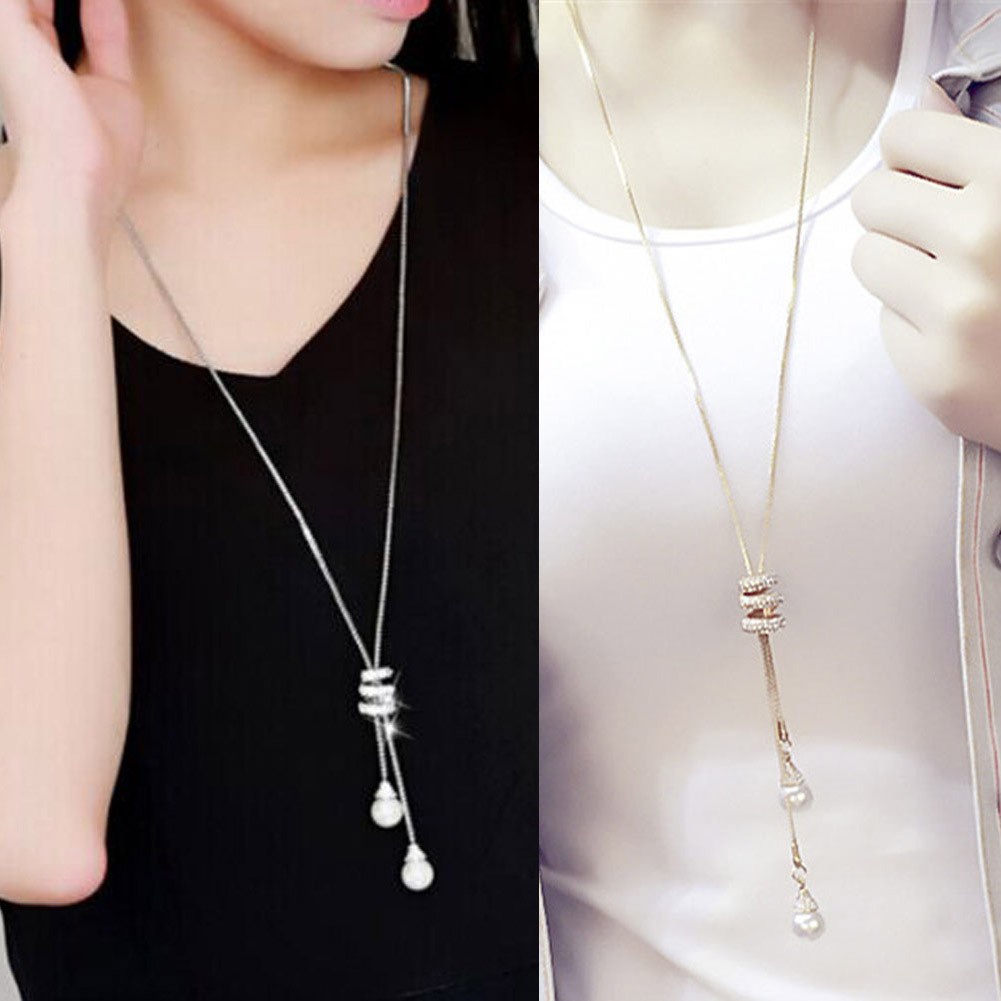 Simulated Pearl Crystal Long Sweater Chain Circles Necklace Collares Statement