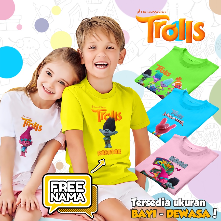 [FREE NAMA!!] Baju Kaos COUPLE  ANAK DAN DEWASA TROLL TROLLS BANYAK MOTIF