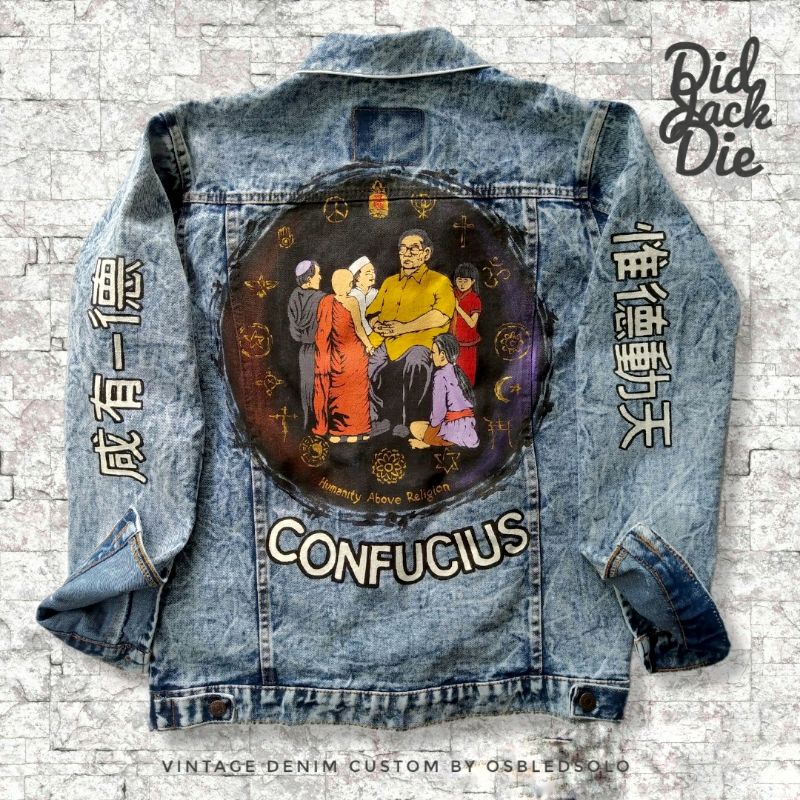 JAKET LUKIS HUMANITY ABOVE RELIGION JAKET JEANS CUSTOM
