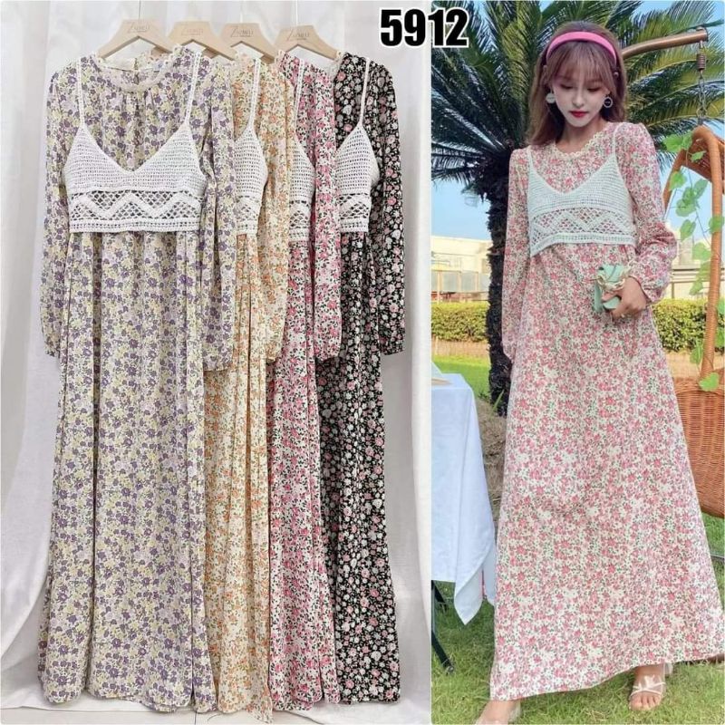Long Dress Import Vest Rajut / Gamis Import Dengan Rompi Rajut / Vintage Dress Vest Rajut Import